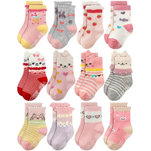 RATIVE Non Skid Anti Slip Cotton Dress Crew Socks With Grips For Baby Infant Toddler Kids Girls (1-3T, RG-820821)