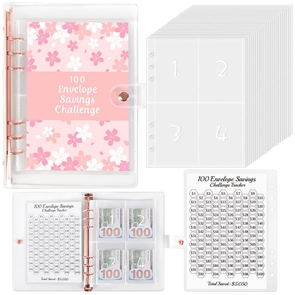 SKYDUE 100 Envelopes Challenge Binder with Laminated $5050 Tracker Sheet & Pre-numbered Pockets (Pink)