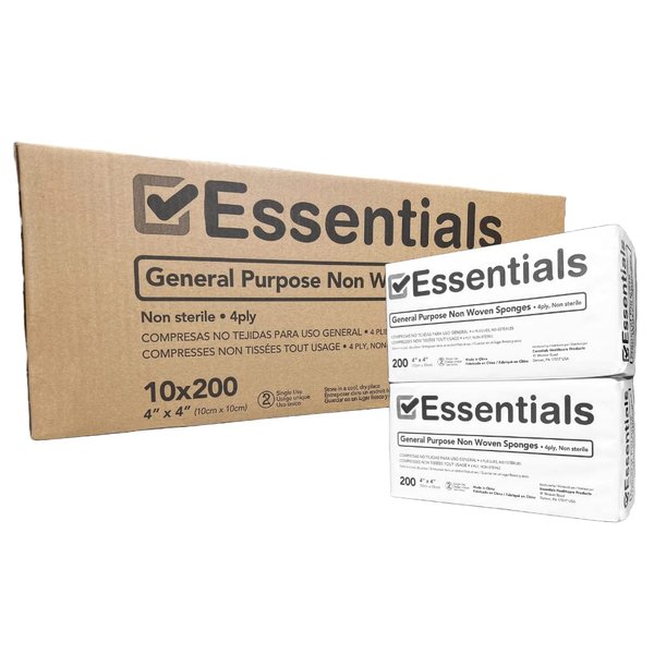Essentials Non-Sterile Gauze Sponges – One (1) Full Case (10 Packs of 200), 4-Ply, 4’’ x 4’’ Gauze Pads, One Package, Non-Woven Gauze Sponges, Wound Care Product for First Aid Kit/Medical Facilities