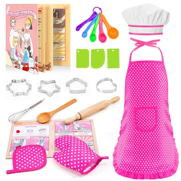 Toyze Gifts for 3-8 Year Old Girls, Kids Apron for Girls Kids Cooking Set, Toddler Apron for Kids Chef Hat and Apron, Toys for 3-12 Year Old Girls 20Pcs Pink- with Cookbook