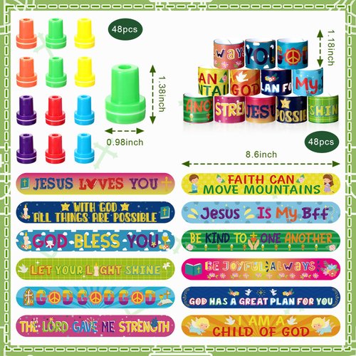 Jenaai 96 Pcs Religious Slap Bracelets with Stampers Bulk Assorted Jesus Love You Wristbands Christian Gifts for Kids Religious Prizes Bible Verse Party Favors for Sunday School Boys Girls