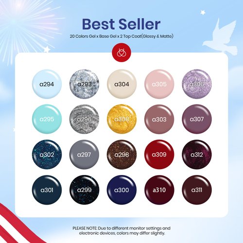 beetles Gel Polish Kit 20 Pcs Free Spirit Collection Burgundy Red Glitte Fall Blue Gray Purple Gel Nail Polish Soak Off Glossy & Matte Top Base Coat DIY Manicure Gifts for Women