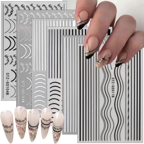 6 Sheets Black French Tip Nail Stickers Smiling Waves Line Nail Art Stickers Black White Line Nail Design Supplies Self-Adhesive Nail Decals for Women DIY Nail Decoration Accessories