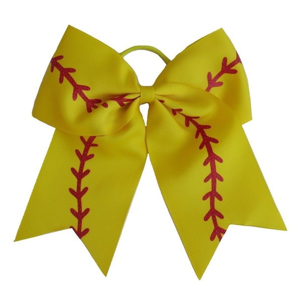 NEW "SOFTBALL Glitter" Cheer Bow Pony Tail 7 Inch Girls Hair Cheerleading Baseball Game Team Yellow Sports Grosgrain Ribbon
