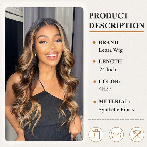 LEOSA Long Body Body V Part Wig for Black Women Highlight Brown U/V Part Wig Highlight Full Head Clip In Hair Extensions Long Body Wave Wig for Women Synthetic Hair Replacement Wig (24Inch 4H27#)