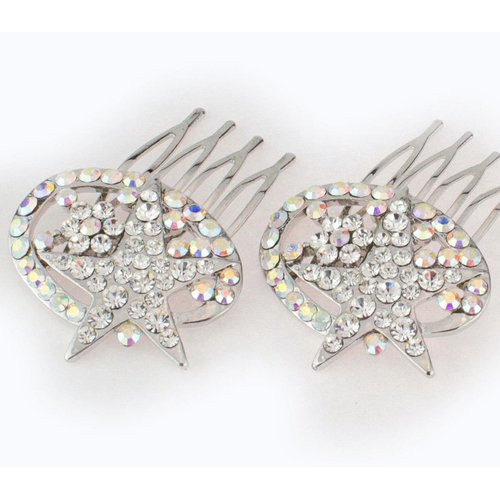 Janefashions 2Pcs Star White Austrian Rhinestone Cystal Hair Side Combs Barrette Clip B131w