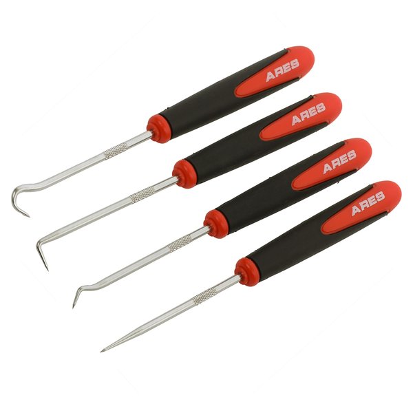 ARES 10034 – Mini Hook and Pick Set - 4-Piece Set Includes Angled, Straight, and Full Hooks and Picks - Hardened Steel Shafts - Easily Remove Hoses, O-Rings, and Gaskets