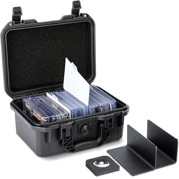 Kiorafoto Toploader Storage Box，IP67 Waterproof Hard Case for 100+ 3"x 4" 35pt Top Loaders or 20+ Magnetic Card Holders，Trading Sports Cards Organizer with Movable Dividers & Anti-loss Design & Labels