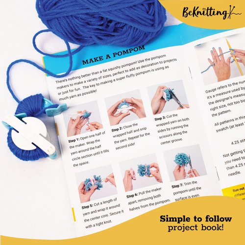BeKnitting Knitting Starter Kit for Beginners | Great Craft for Adults and Kids | Yarn, Pompom Makers, Needles