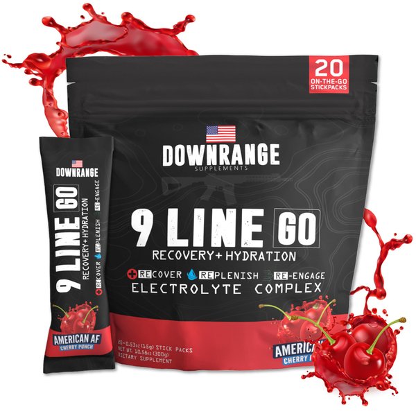 DownRange 9 Line Go Recovery + Hydration Powder Packets, Electrolytes, Amino Acids & Coconut Water Powder for Muscle Recovery, Energy, Rehydration, 20 Sticks (Cherry Punch)