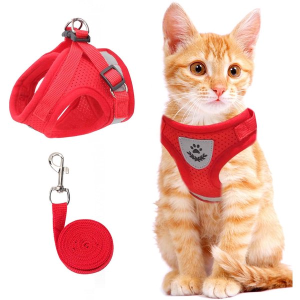 Cat Vest Harness and Small Dog Vest Harness for Walking, All Weather Mesh Harness, Cat Vest Harness with Reflective Strap, Step in Adjustable Harness for Small Cats (Red, XS)