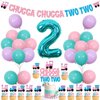Wonmelody Train Birthday Decors for 2nd Year Old Chugga Chugga Two Two Party Supplies for Girls with Chugga Chugga Two Two Banner Birthday Cupcake Toppers Train 2nd Birthday Party Suppliesfor Girl