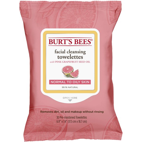 Burt's Bees Facial Cleansing Towelettes for Normal to Oily Skin, Pink Grapefruit, 30 Count