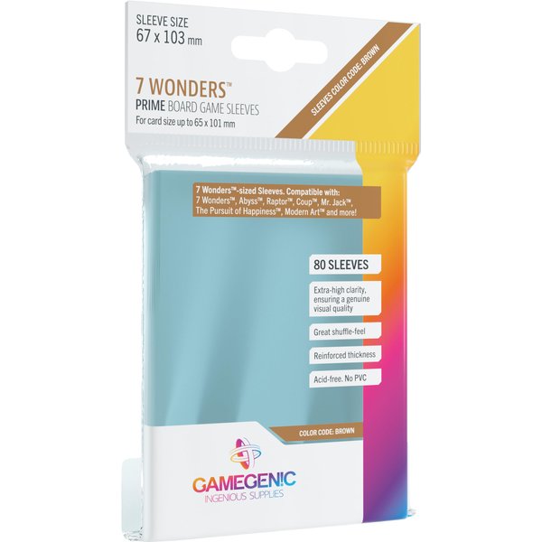 Prime Board Game Sleeves | Pack of 80 Extra-Clear Sleeves | 67 by 103 mm Card Sleeves Optimized for Use with 7 Wonders | Premium Card Protection | FFG Brown Color Code | Made by Gamegenic