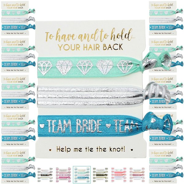 10-Pack of Hair Tie Cards - Bachelorette Party and Wedding Shower Proposal Gifts for Bridesmaids, Team Bride, Bride Tribe (Aqua & Silver (Team))