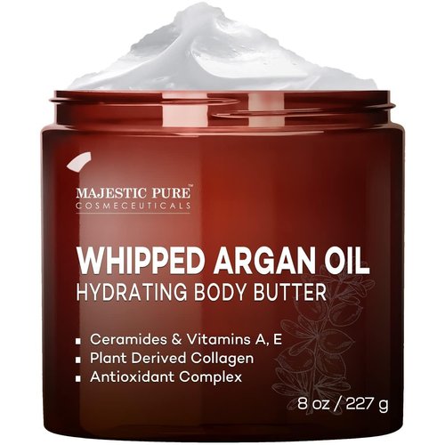 MAJESTIC PURE Whipped Argan Oil Body Butter for Women & Men - With Ceramides, Vitamin E & A & Vegan Collagen - For Skin, Face, & Appearance of Wrinkles & Fine Lines - 8oz