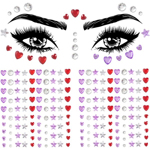 OIIKI 2 Sheets Star Heart Face Gems Stickers, Eye Face Jewels Stick on, Colorful Acrylic Rhinestone Face Makeup Tattoo Stickers, Rave Accessories for Halloween, Parties -Clear/Purple/Red -192pcs