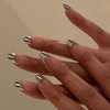 Tyuimhx Silver French Tip Press on Nails Medium Almond Fake Nails Glossy Full Cover Stick on Nails Acrylic Reusable Artificial False Nails Glue on Nails for Women Girls Nail Decorations 24Pcs