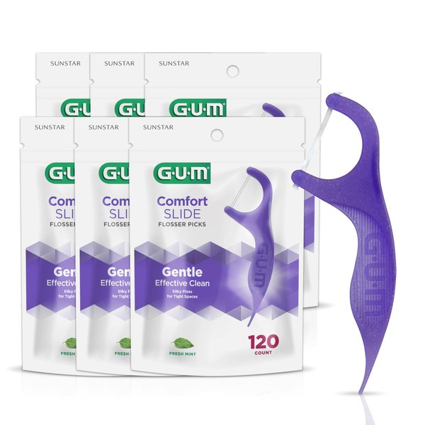 GUM Comfort Slide Floss Picks - Perfect for Tight Teeth - Extra Strong Shred-Resistant Dental Floss, Easy Grip Handle - Dental Flossers for Adults - Fresh Mint Flavor, 120ct (6pk)