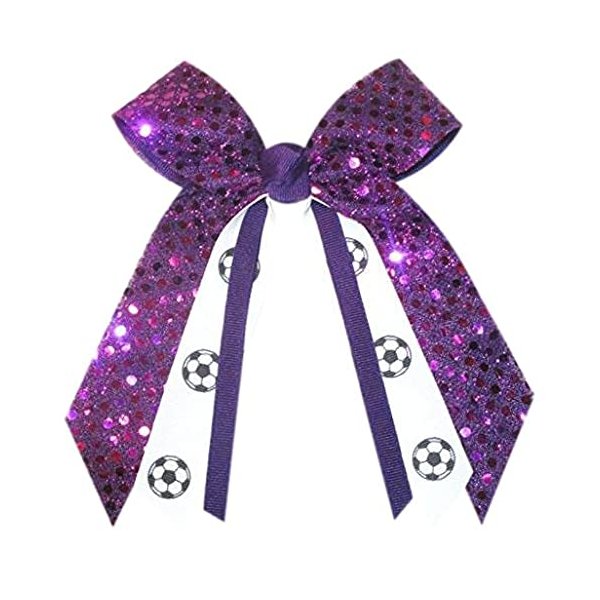 Soccer Sequin Hair Bow, Made in the USA, White Pony Band, many colors (Purple)