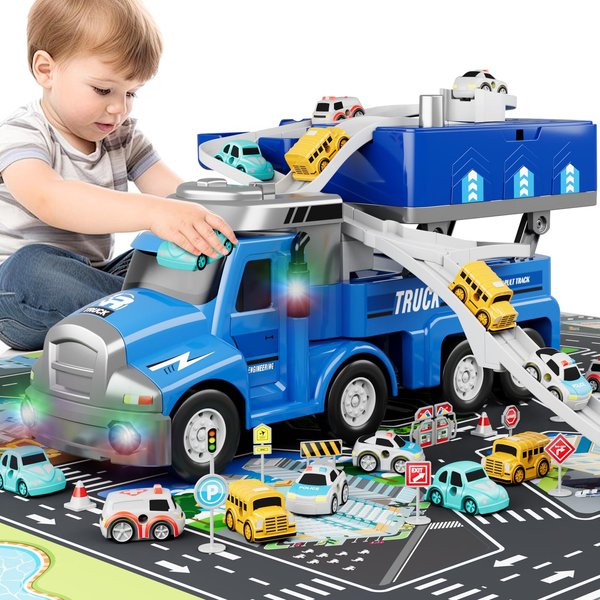 Dwi Dowellin Truck Toys for Boys 3 4 5 6 Years Old, Vehicle Toys for Kids with 4 City Cars and Playmat, Race Track with Light and Music,Christmas Birthday Gift Idea for Kids Ages 3-5 (Blue)