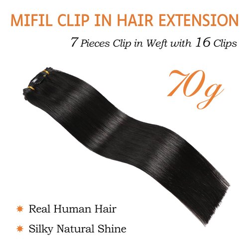 MIFIL Clip in Hair Extensions Human Hair 16 Inch 70g Human Hair Clip ins Natural Black Clip in human hair extensions 7PCS Hair Extensions Human Hair(16inch,7pcs, 70g)