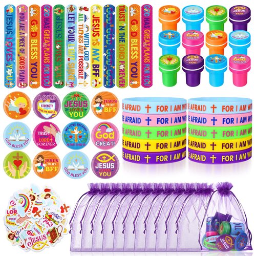 Silipull 110 Pieces Christian Party Favors Set for 12 Guests Bible Verse Slap Bracelets Jesus Stickers Stampers Inspirational Rubber Bracelets Gift Bags Button Pins for Religious Christmas Party Gifts