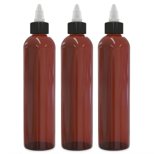 BRIGHTFROM Twist Top Applicator Bottles 8 OZ, Squeeze Empty Plastic Bottles, Black Nozzle, BPA-Free, PET, Refillable, Open/Close Nozzle - Multi Purpose (Amber) Pack of 3