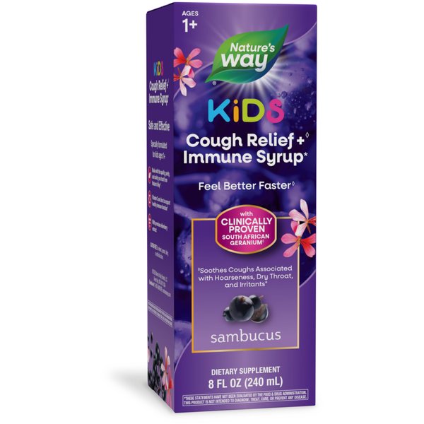 Nature’s Way Sambucus Kids Cough Relief +** Immune Syrup*, Feel Better Faster**, Clinically Proven South African Geranium, with Elderberry Extract, Vitamin C & Zinc, 8 Oz (Packaging May Vary)