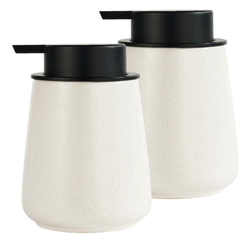 12Oz Beige Soap Dispenser Set - Ceramic Speckled Lotion Hand Soap Dispenser Set with Easy-to-Press Black Pump, Refillable Mordern Liquid Dish Soap Dispensers for Bathroom & Kitchen, 2 Pack
