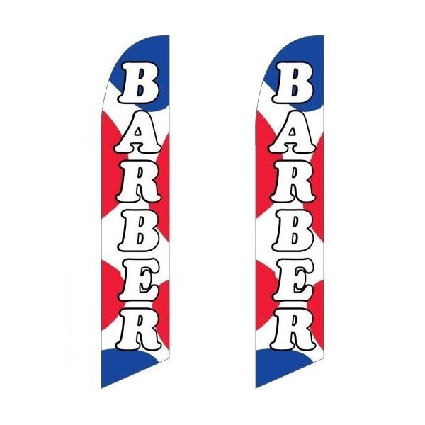 Twin Pack Full Sleeve Swooper Flags BARBER Big White Text w Blue & Red