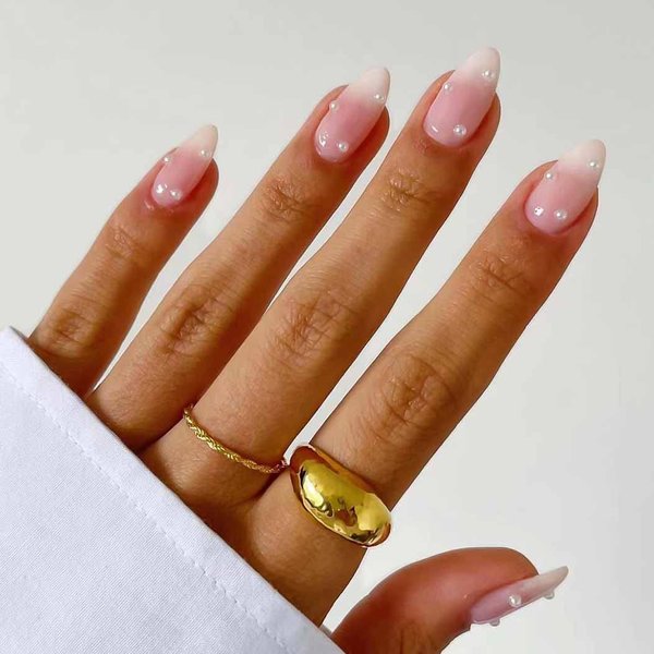 RikView Pink Press on Nails Medium Fake Nails Almond Nails with Pearls Glossy Nails for Women 24 PCs/Set