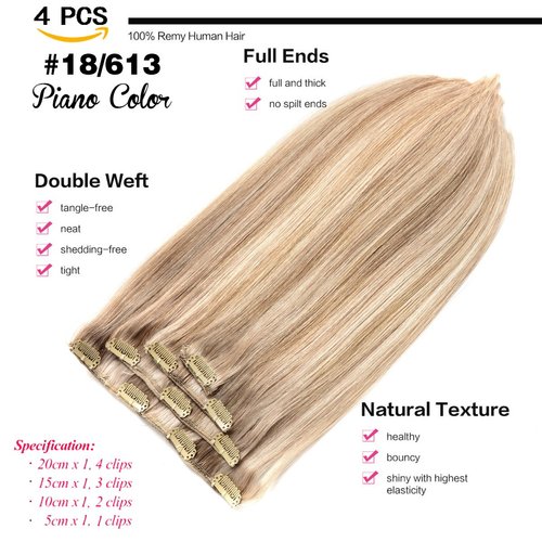 GEELOOK Clip in Hair Extensions Real Human Hair 16 Inch Ash Blonde/Lightest Blonde #18/613 Color Double Weft 100% Remy Human Hair Thick Long Soft Silky Straight 4pcs 10clips for Women 70grams