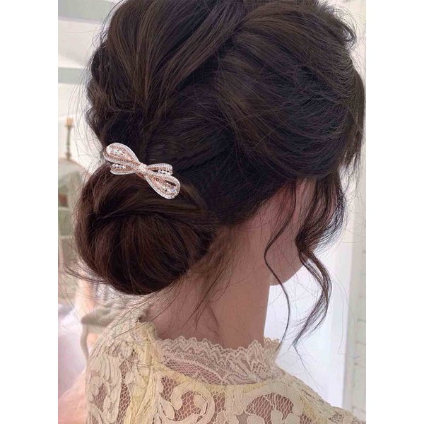Zeshimb Crystal Hair Clip Barrette Gold Bow Rhinestone Hair Barrette Clip Bling Bridal Headpieces Bride Head Clip Headwear Decorative Hair Accessories for Women and Girls ( Champagne )
