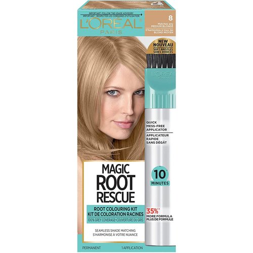 L'Oreal Paris Magic Root Rescue 10 Minute Root Hair Coloring Kit, Permanent Hair Color with Quick Precision Applicator, 100 percent Gray Coverage, 8 Medium Blonde, 1 kit (Packaging May Vary)