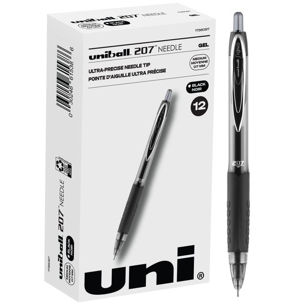 uni-ball 1736097 207 Needle Retractable Gel Pens, Medium Point (0.7mm), Black, 12 Count (Pack of 1)