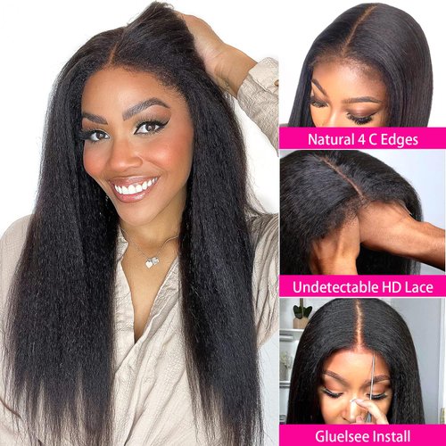 Kinky Straight Wig 4x4 Closure Wigs Yaki Straight Wig Lace Closure Wig Brazilian Human Hair Wigs For Black Women 180% Density Wig Natural Hairline Glueless (12 Inch,Kinky Straight Wig)