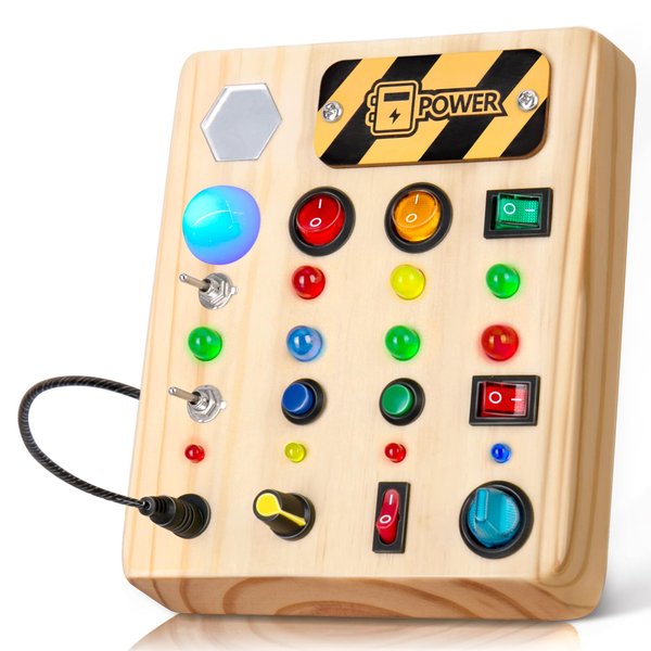 TINTECUSA Busy Board Montessori Toys for Toddler, Wooden Sensory Board Switch Toy with Shape Sorter LED Light Up Toys Educational Plane Travel Activity for 1-6 Year Old Girls & Boys