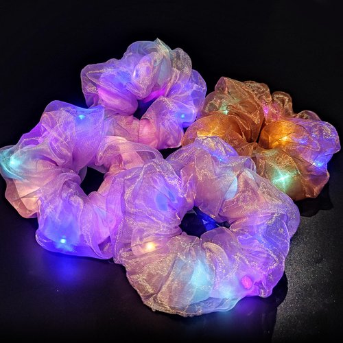 Light Up Scrunchies - LED Scrunchies for Women & Girls - Neon, Glow in the Dark Hair Accessories - Hair Ties & Bands -Camping Gifts - Rave Party Favors & Supplies (Multi-colored Set 8（4pcs）)