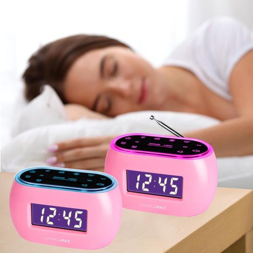 HANNLOMAX HX-161CR Portable PLL FM Radio Alarm Clock, LCD Display with Dimmer Function, 7 Colors RGB Night Light, USB Port for 1A Charging, Telescopic Antenna, AC/DC Operation only. (Pink)