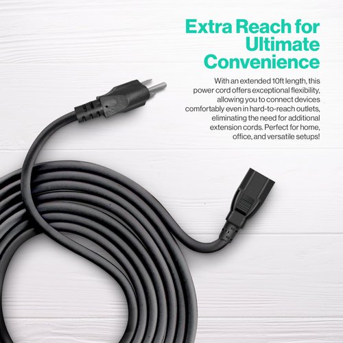 3 Prong AC Power Cord 10ft Long Standard | 125V-250V | for Computer, Monitor, TV, Printer, Power Supply PSU Electric Cable Replacement Power Cord
