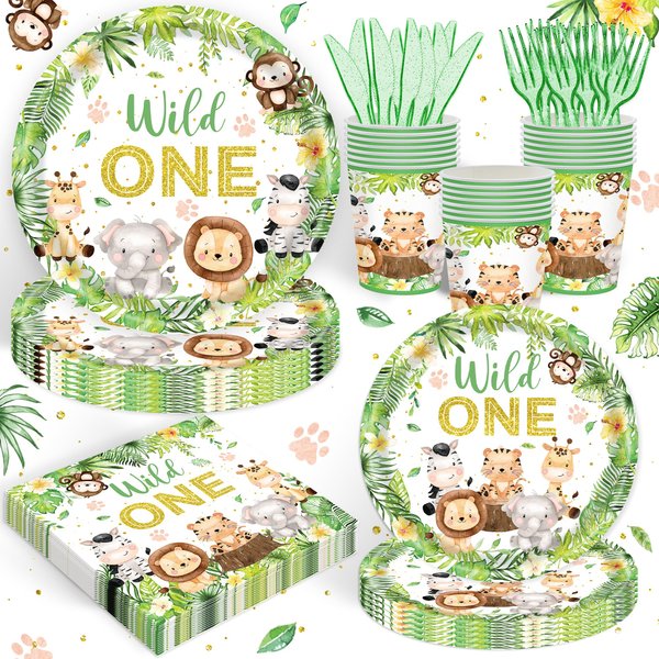 120PCS Wild One Party Supplies for Boys 1st Kids First Birthday Party Jungle Animal Safari Decorations Woodland themed Disposable Tableware Set Plates Napkins Cups Set for 20 Guests