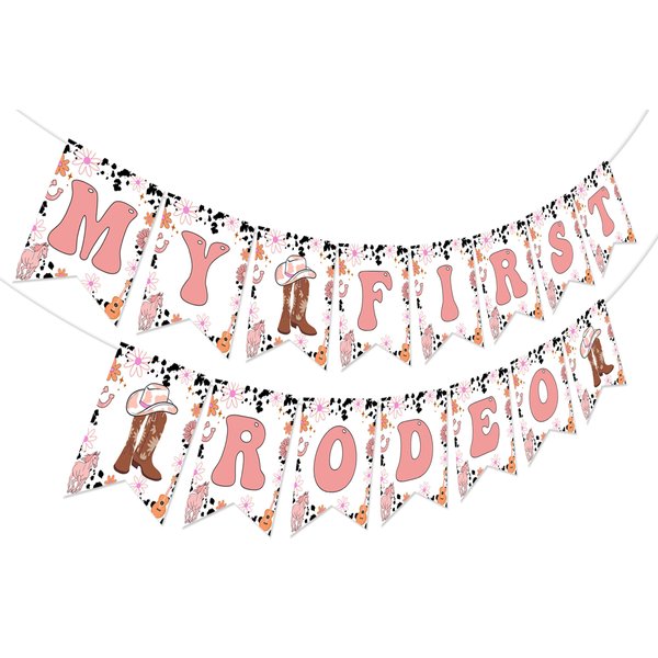 My First Rodeo 1st Birthday Banner Party Decorations, Western Cowgirl Theme Birthday Banner for 1 Year Old Girl, Groovy 70s 80s Retro Daisy Wild West Banner Bday Celebration Party Supplies