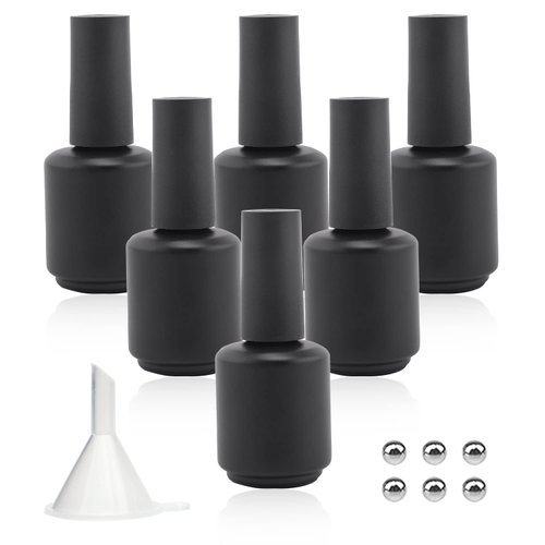 Agidea Empty Gel Nail Polish Bottles, 15ML Empty Nail Polish Bottles with Brush Matte Black, Opaque Round Refillable Fingernail Polish Bottles UV Safe with Mixing Balls & Funnels, Pack of 6