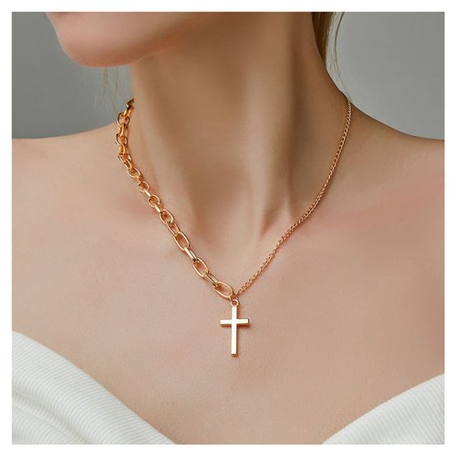 YienDoo Simple Cross Necklace Asymmetric Chain Cross Pendant Necklace Paperclip Chain Fashion Jewelry for Women and Girls (Gold)