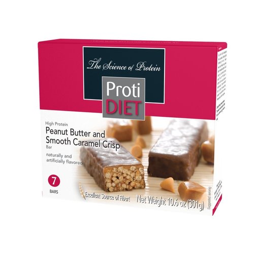 Protidiet Peanut Butter and Smooth Caramel Crisp High Protein Bars (Box of 7) Net Wt 10.6oz
