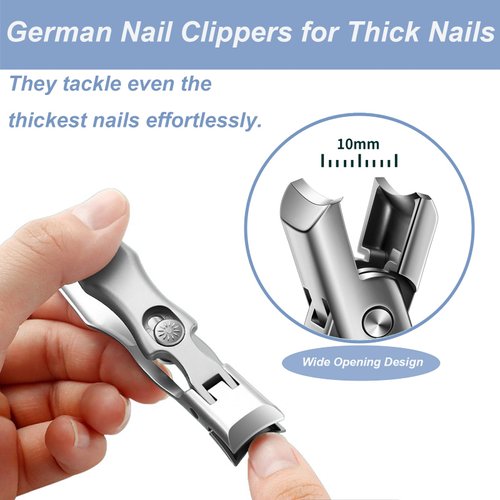 2024 New German Nail Clippers for Thick Nails, Portable Ultra Sharp Nail Clippers, No Splash Fingernail Clipper Cutters with Nail File, Wide Open Toenail Clippers for Seniors Thick Nails (Silver)