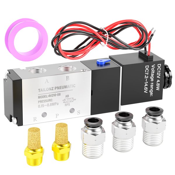 TAILONZ PNEUMATIC 1/4"NPT Solenoid Valve 12V/24V/110V Single Coil Pilot-Operated Electric 2 Position 5 Way Connection Type 4V210-08 Outlet wire