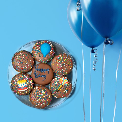 Happy Birthday Milk Chocolate Covered Oreo Cookies, Custom 7 Pc. Blue Gift Basket, Fresh Hand Decorated Assortment, Sweet Multi-Layered Sandwich Treats for Kids and Adults