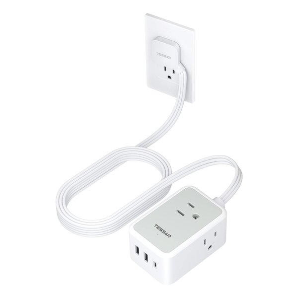 Ultra Thin Flat Extension Cord 10 FT, TESSAN Small Flat Plug Power Strip with 3 USB Charger (1 USB C), 3 Outlets Desk Charging Station, 10 Feet Long Slim Plug for Travel, Dorm Room, Office Essentials